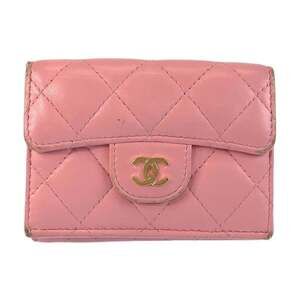 CHANEL Authentic Pink Leather Logo Wallet